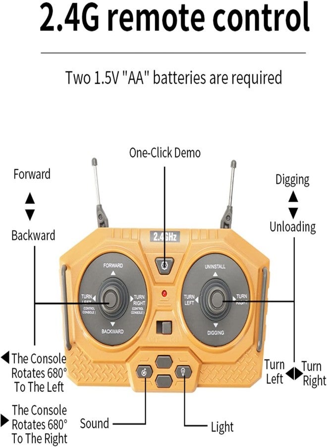 لعبة حفارة تعمل بجهاز تحكم عن بعد من جوي جاي، 11 قناة، شاحنة حفارة بمقياس 1/20، بتردد 2.4 جيجاهرتز، مركبات بناء مزودة بمجرفة معدنية، دوران 680 درجة، أضواء وأصوات للأطفال - متعددة الألوان - Image 4